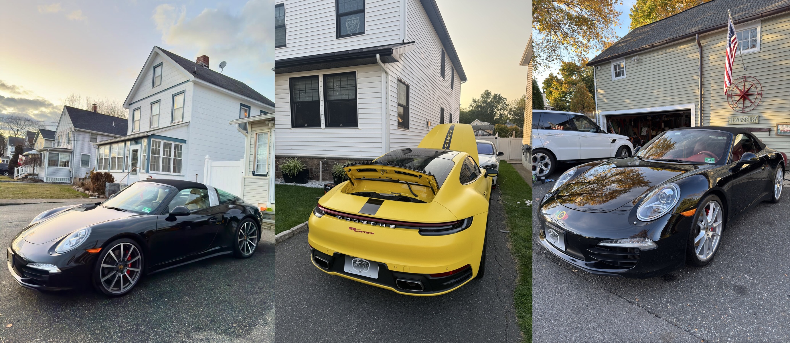 Three Porsche 911s detailed by Yael: yellow Carrera, black Targa 4S and black Carrera S convertible