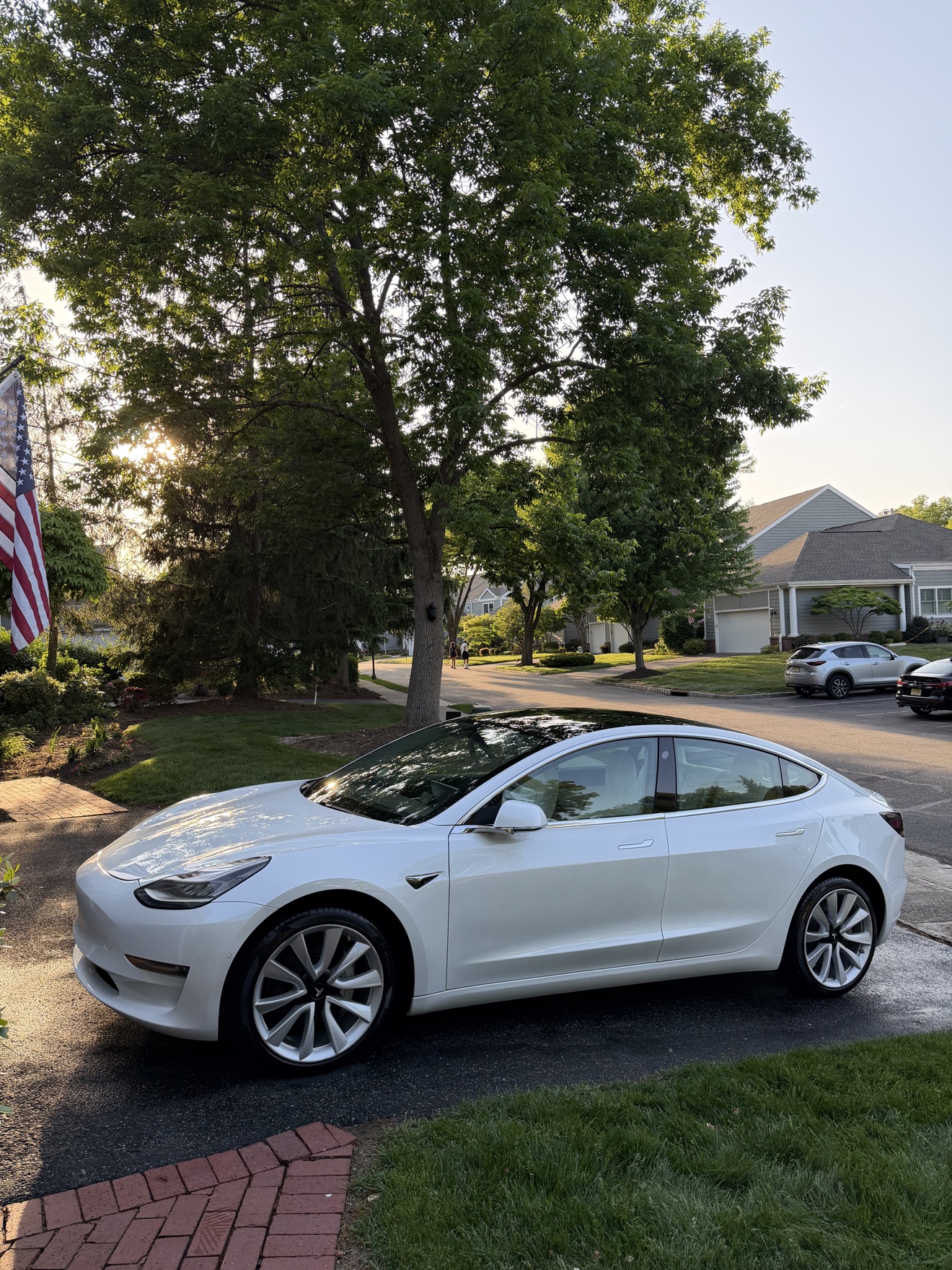 White Tesla Model 3 front three-quarter view by the American flag after detailing