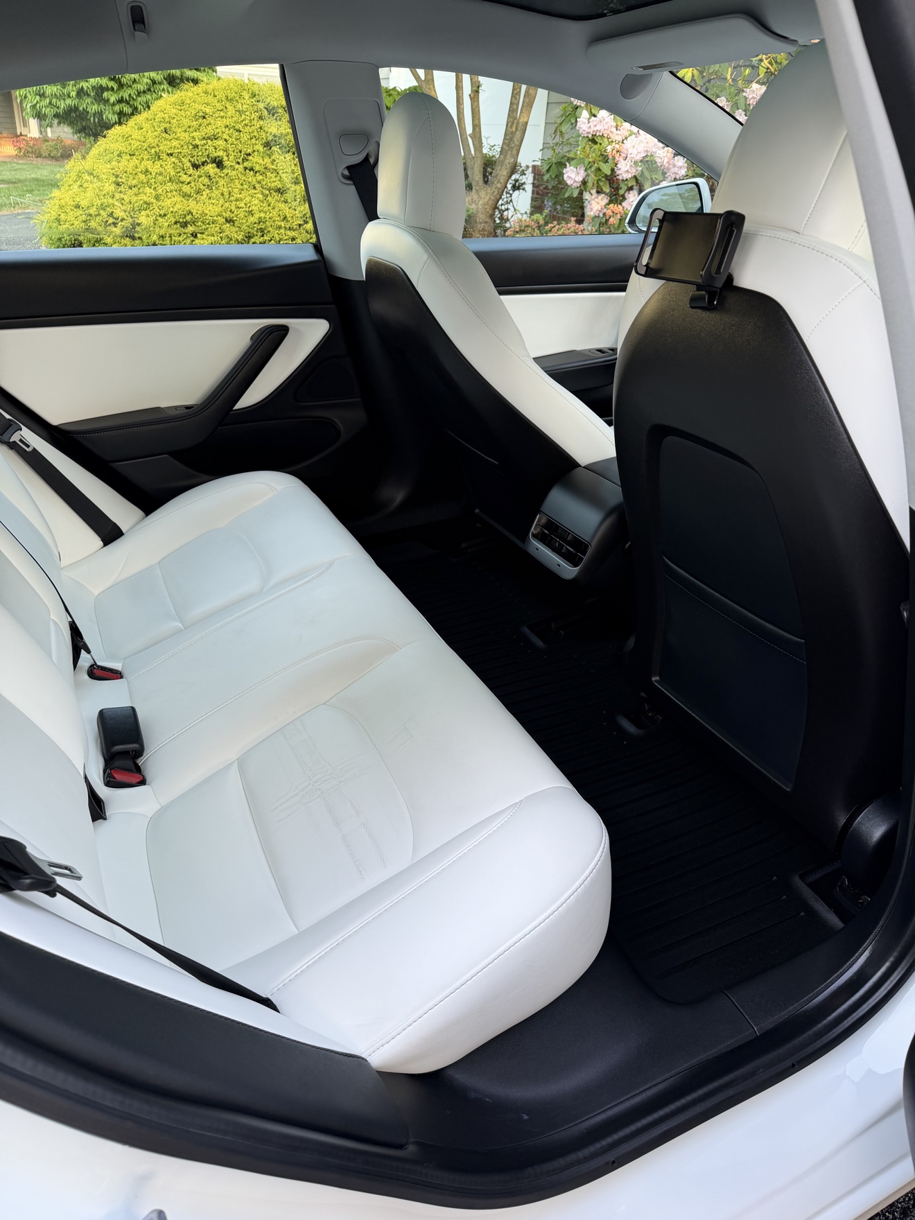 Tesla Model 3 rear cabin with white leather seats after detailing