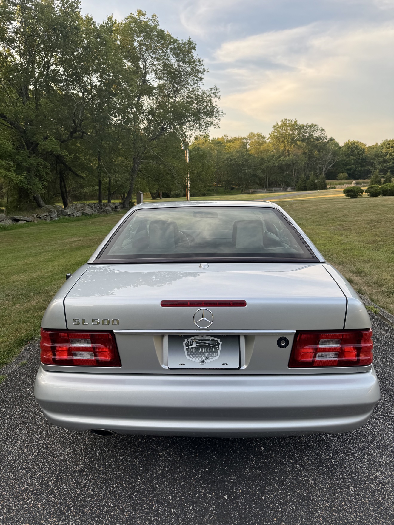 Rear view of a silver Mercedes-Benz SL500 with SL 500 badge and Detailed by Yael plate frame
