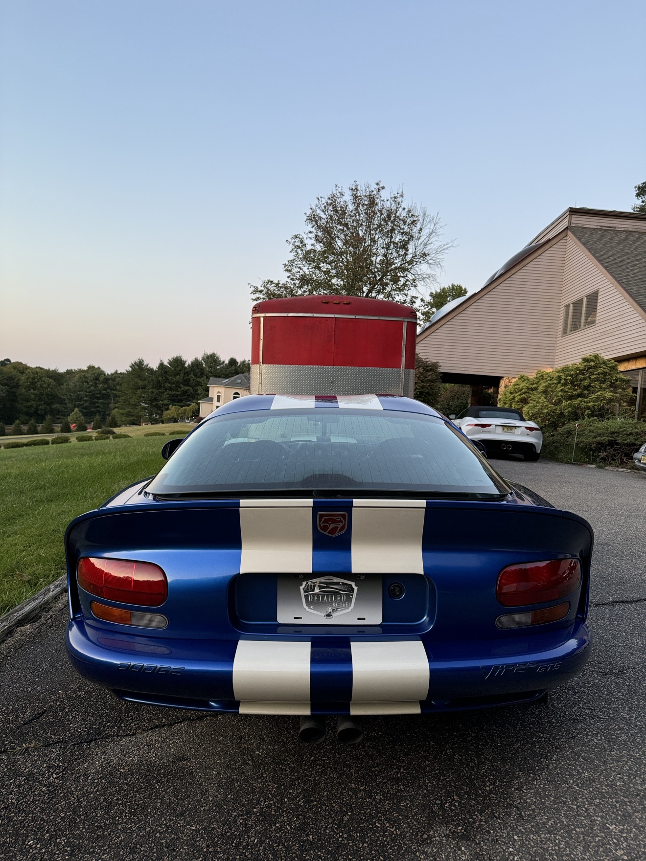 Rear view of a blue Dodge Viper GTS with Detailed by Yael plate frame